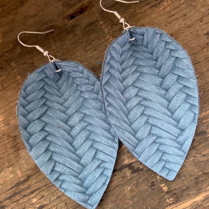 Denim Blue Braided Textured Leather Earring for wholesale by Jill's Jewels