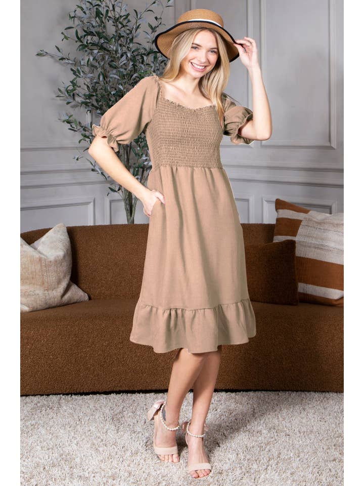 Mini Momo - Wholesale Dress – Women's - Smocked Dress Short Puff Sleeve Ruffle Smocking Crepe Midi8