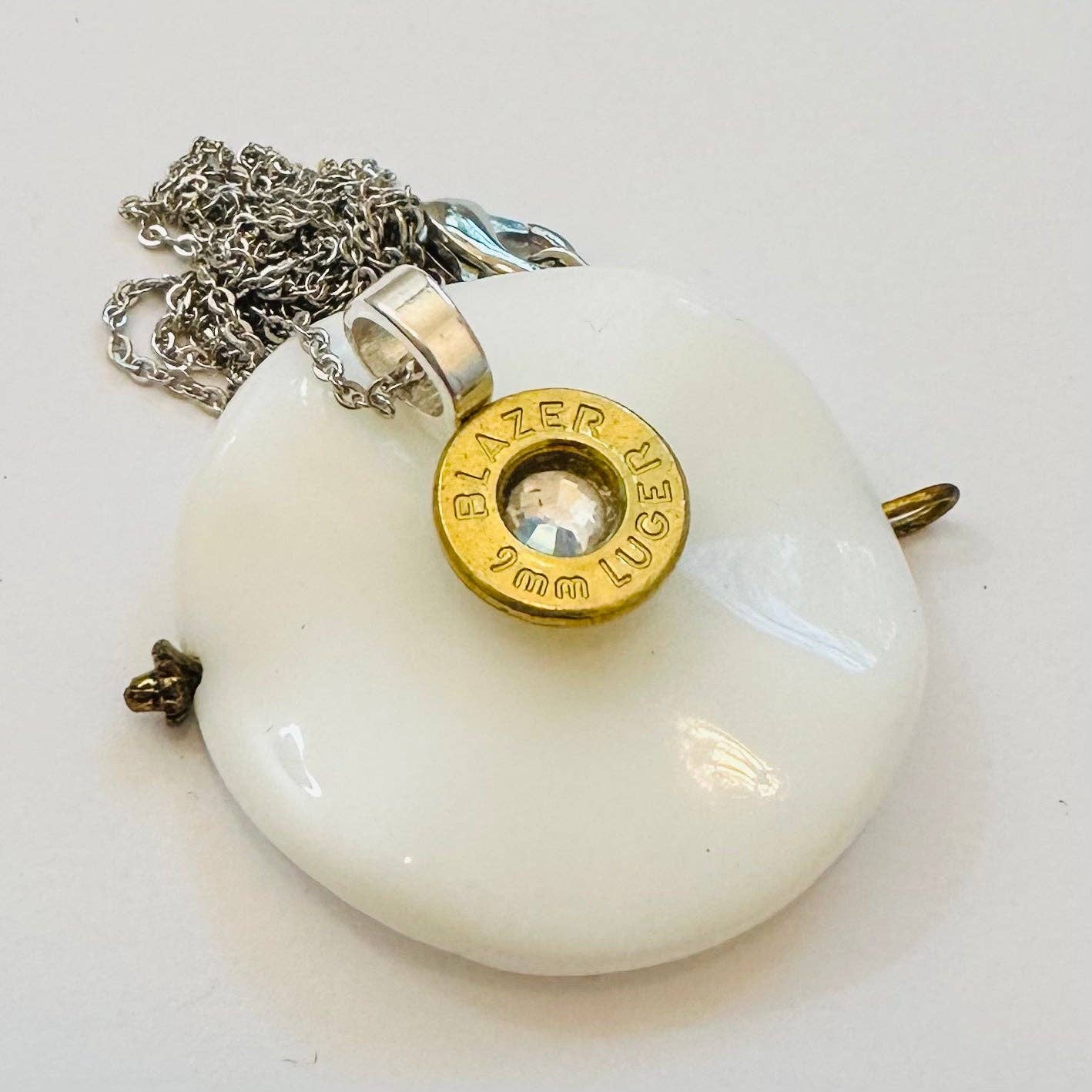 OneUniqueWay - Wholesale Pendant/Charm Necklace - Single BulletSlice Crystal Center Necklace - Sterling Silver Chain1