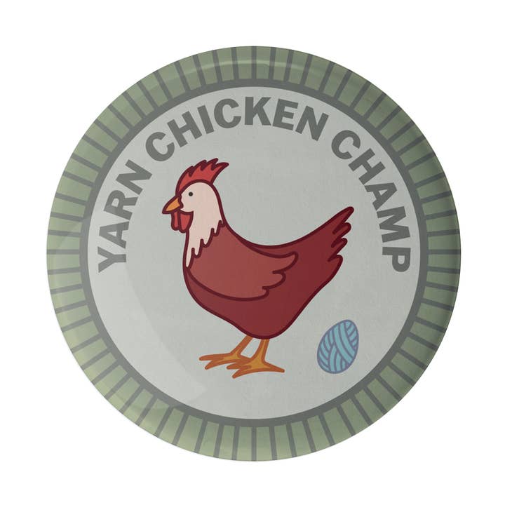 Badge de mérite à tricoter en laine Chicken Champ pour la vente par Camp Stitchwood