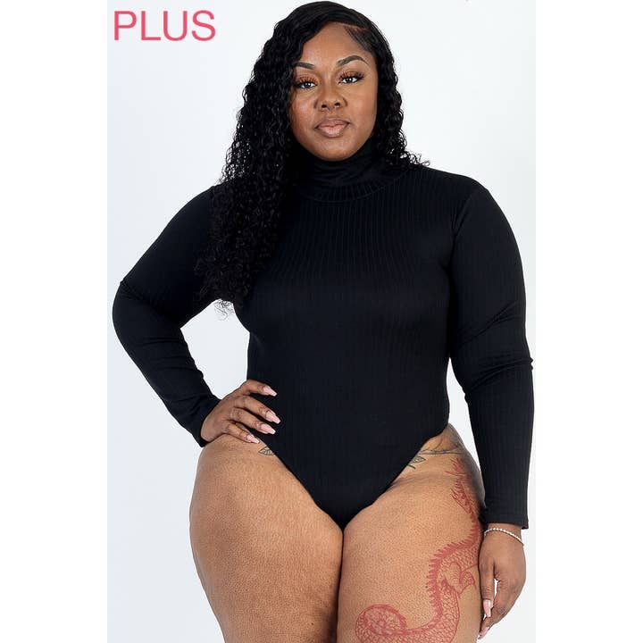 UP CLOTHING - Wholesale Bodysuit - Women's - Plus Size Ribbed Turtle Neck Long Sleeve Bodysuit