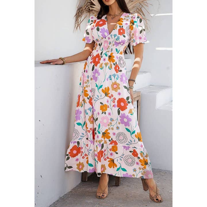 Elings - Wholesale Dress - Women's - Allover Print Deep V Elastic Waist Band Maxi Dress5