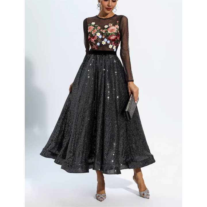Robe rétro en maille fleurie avec tutu à pois diamantés pour la vente par Sanyao Fashion