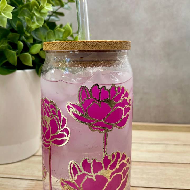 Color Changing Peony Glass Can, Glass Cup, Iced Coffee Cup, Gift For Her, Mother's Day Gift, Cold Color Changing, Dia De La Madre Regalo for wholesale by Designs & Crafts By Mo