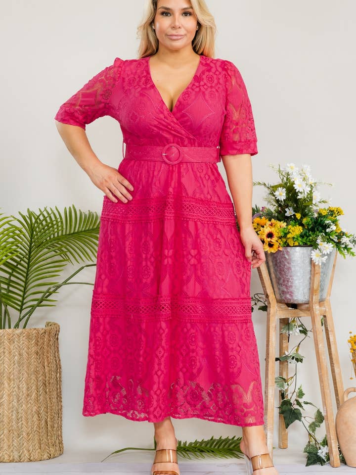 Maxi-jurk van kant in effen kleur voor dames in grote maten voor wholesale door Fashion Space