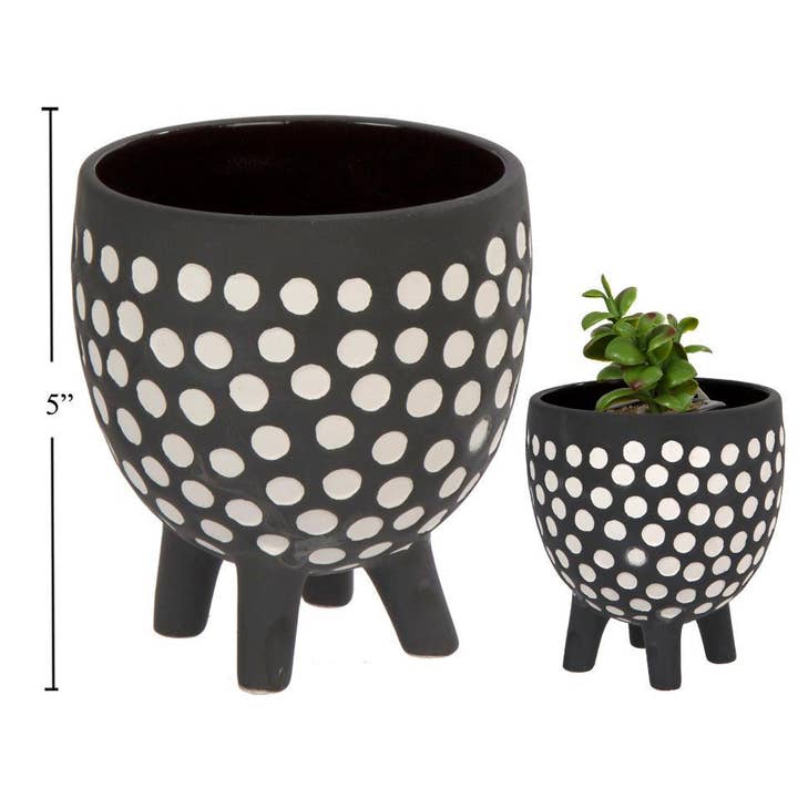 Footed Ceramic Planter, B/WDotted, 4.5"D x 5"H&5.3"D x 7"H for wholesale by Truu Design