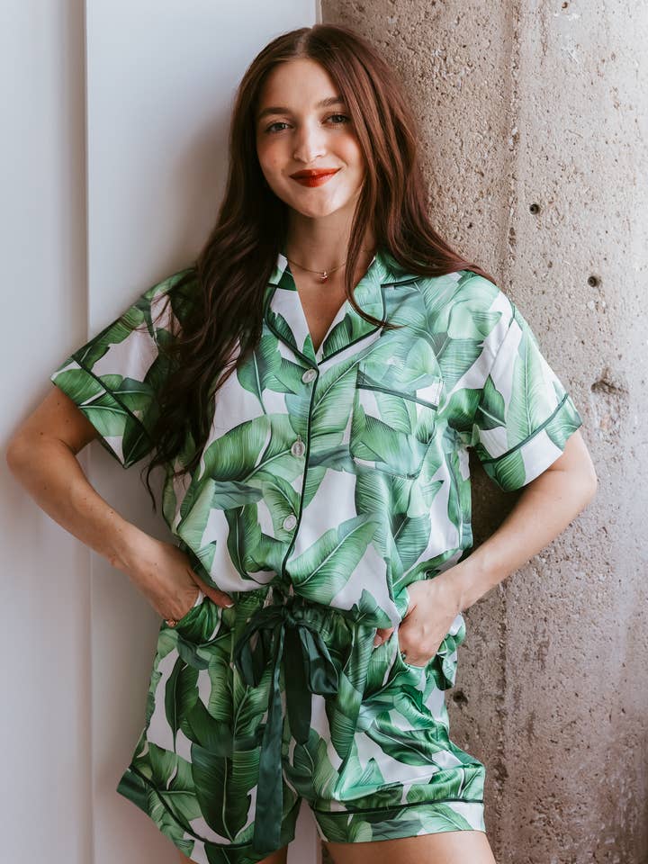 Coastal Vacation Pajama set, Banana Leaf pajamas, Resort pjs for wholesale by Spikes and Seams
