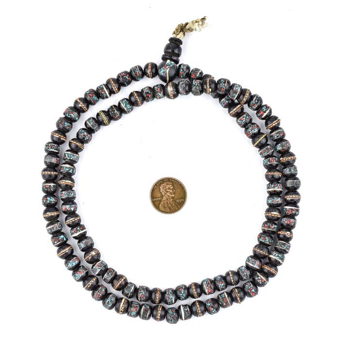 8mm Black Speckled Inlaid Yak Bone Mala Beads for wholesale by The Bead Chest