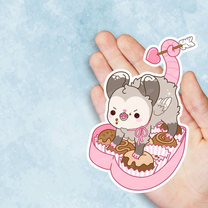 Cupid Opossum Valentine Vinyl Sticker for wholesale by Bright Bat Design