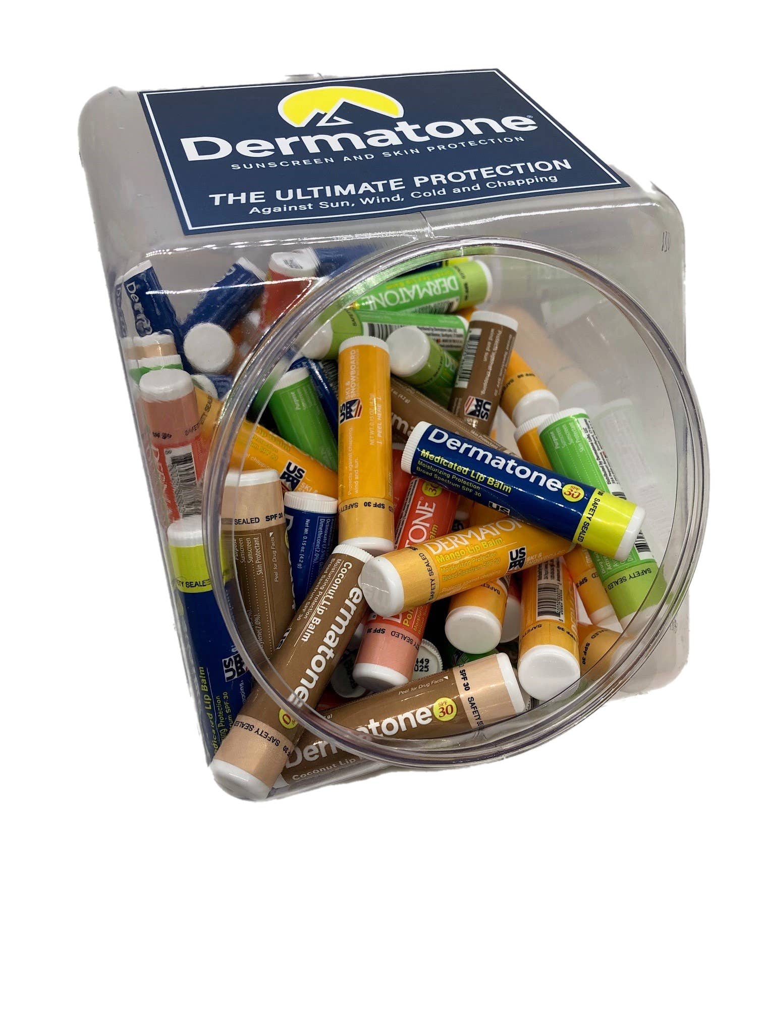 DERMATONE - Wholesale Lip Balm - Assorted Medicated Lip Balms SPF 30 Hex Bin (100 count)