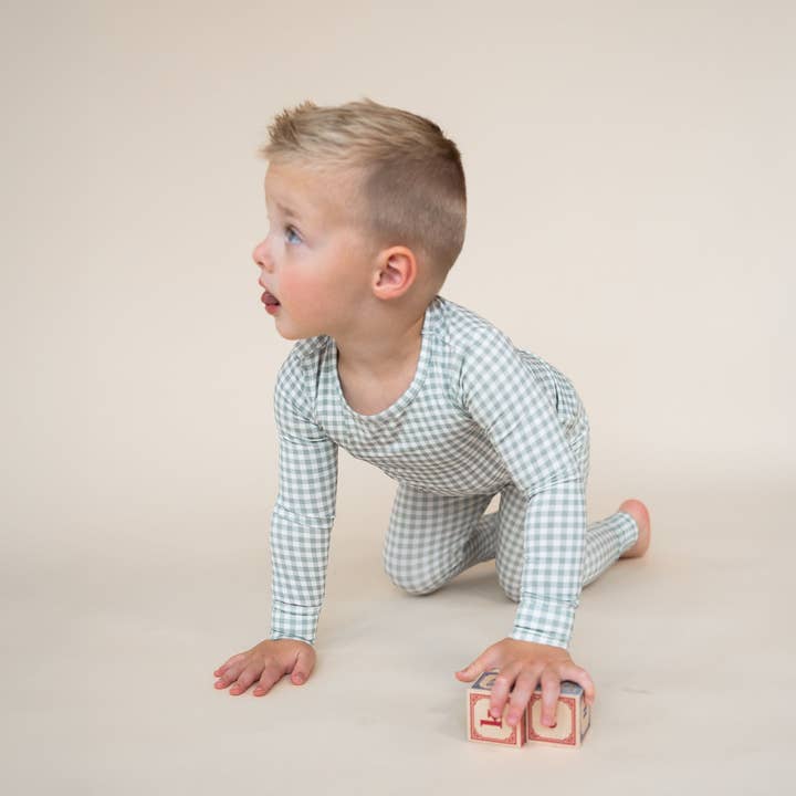 Hucklebaby - Wholesale Sleepwear Set - Kids - Sage Gingham Two Piece Pajamas1