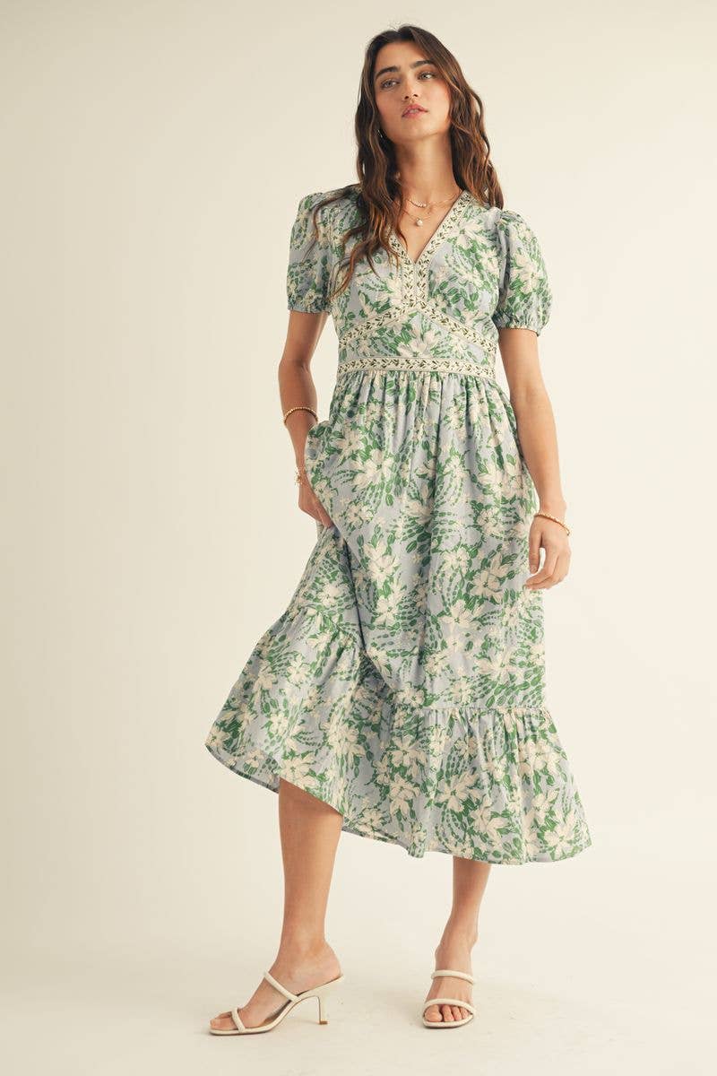 Blu Multi ABITO MIDI CON STAMPA FLOREALE, SCOLLO A V E BALZA SUL FONDO in vendita all'ingrosso su Faire