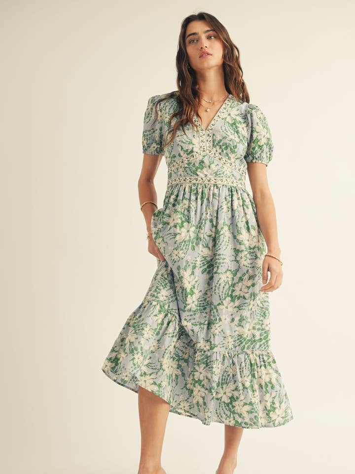 FLORAL PRINTED V-NECK RUFFLE BOTTOM MIDI DRESS for wholesale by JUST ME