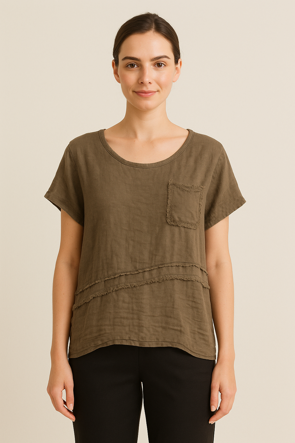 Lucy Sparks – wholesale T-shirt – women's – LINEN FRONT COTTON BACK T-SHIRT WITH CHEST POCKET4