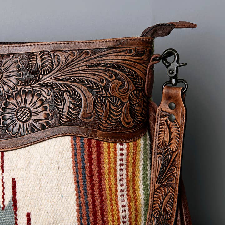 LS Western - Wholesale Crossbody Bag - Women's - ADBGZ365 Tooled Leather & Tribal Wool Crossbody Bag - Western Fringe Shoulder Purse4