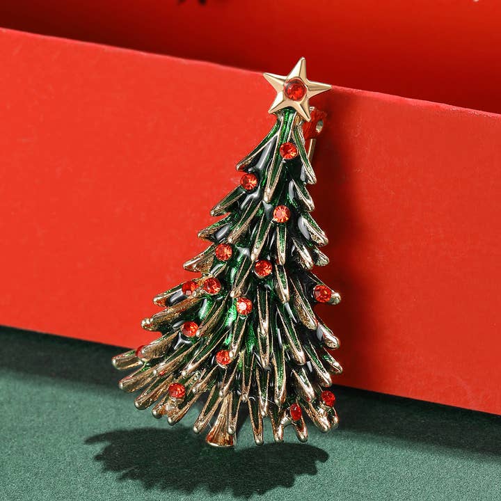 Green Enamel Christmas Tree Brooch with Red Rhinestones for wholesale on Faire4