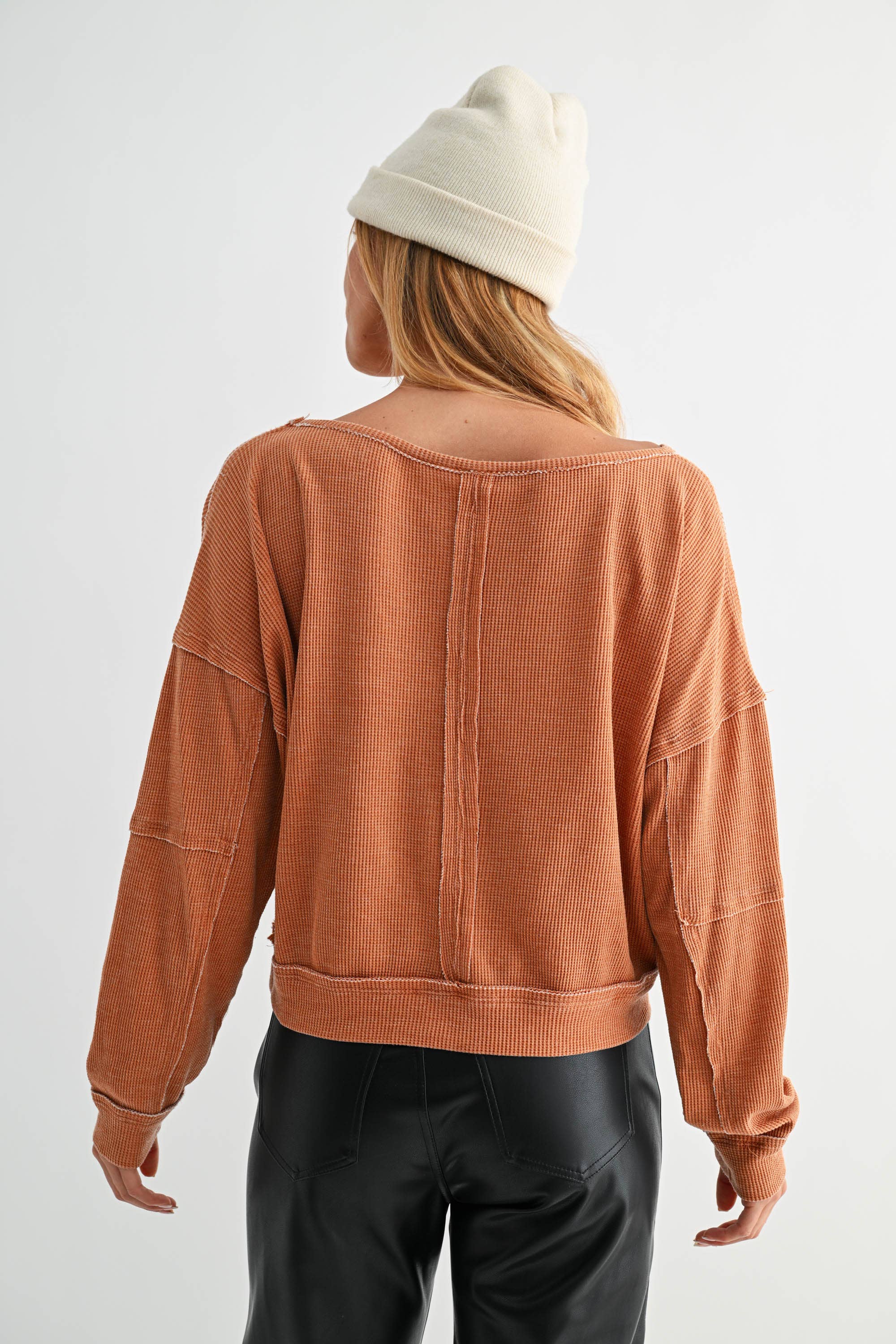 Mono B - Wholesale Sweatshirt - Women's - Raw Edge Waffle Knit Boatneck Pullover26