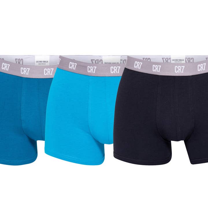CR7-Boxers Herr i ekologisk bomull PACK med 3 enheter Blandade färger, Marinblå-Ljusblå-Medium Blå, Elastisk CR7 kontrast för wholesale av CR7 Underwear