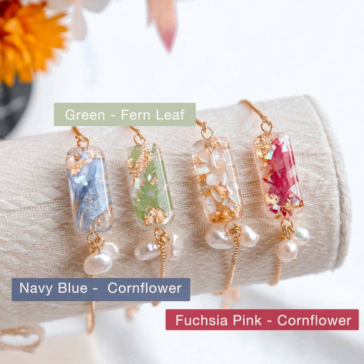 Sweetshop Jewelry - Vente Bracelets à breloques/pendentifs - Bracelet fleur séchée, feuille de fougère pressée Sakura, bracelet fleur pressée, bracelet rectangulaire, demoiselle d'honneur de mariage, Cottagecore