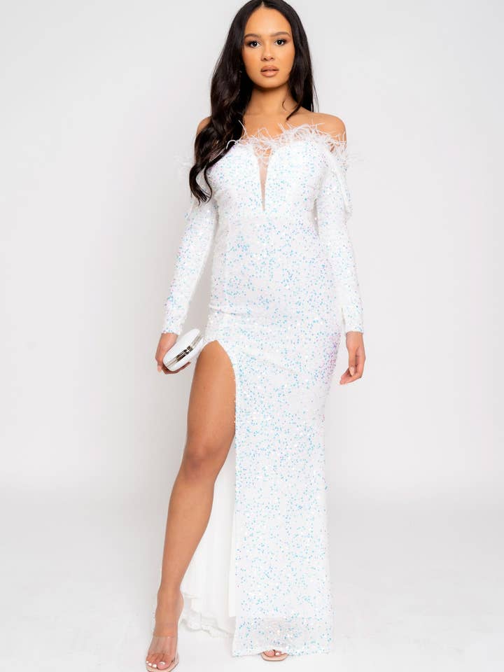 Eternity White VIP Luxe Off Skulder Sequin Langærmet for engroshandel hos Nazz Collection Clothing Ltd