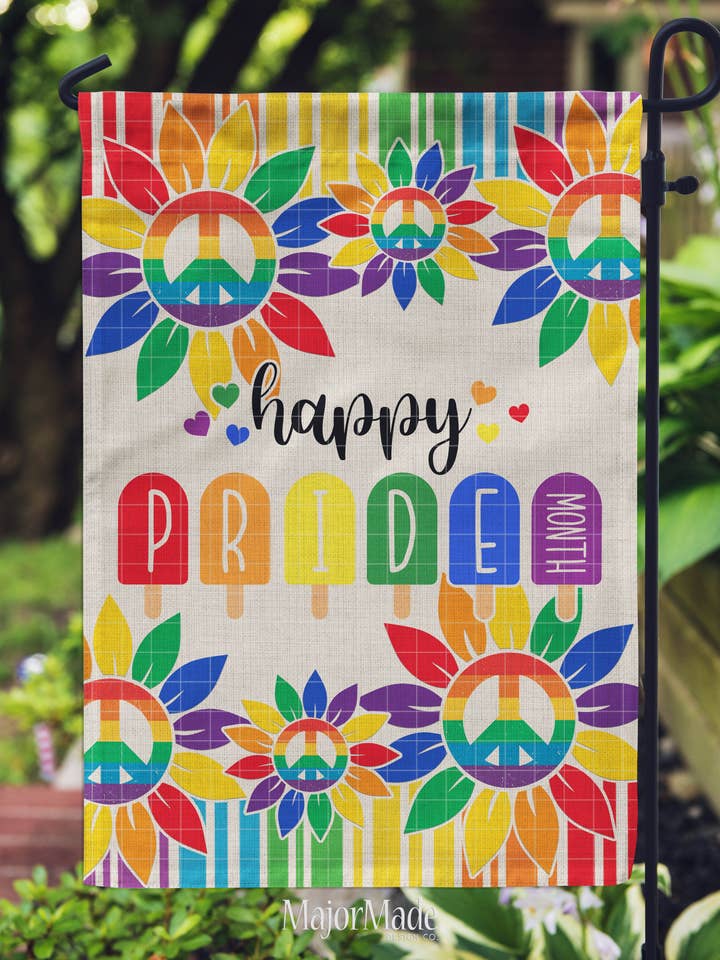 Bandiera da giardino Rainbow Happy Pride per la vendita all'ingrosso da parte di MajorMade Design Co