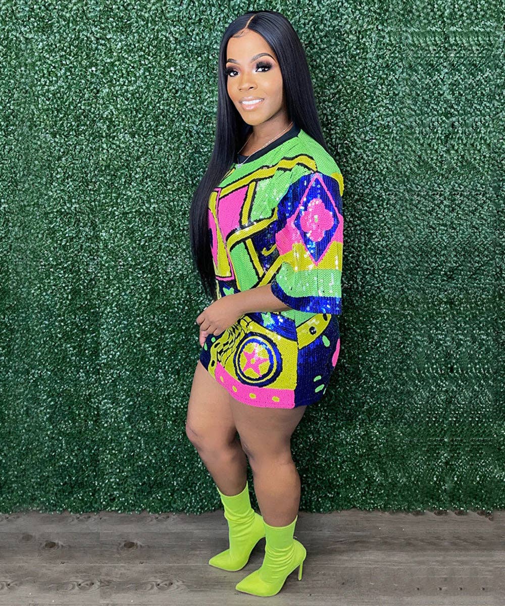 Aria Romance – wholesale Dress – Women's – Printed Round Neck Sequin Dress1