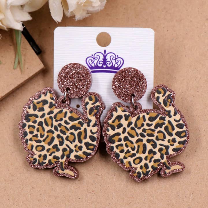 Thanksgiving Turkiet Cheetah Print Örhängen Glitter för wholesale av Kate Tuesday Jewelry