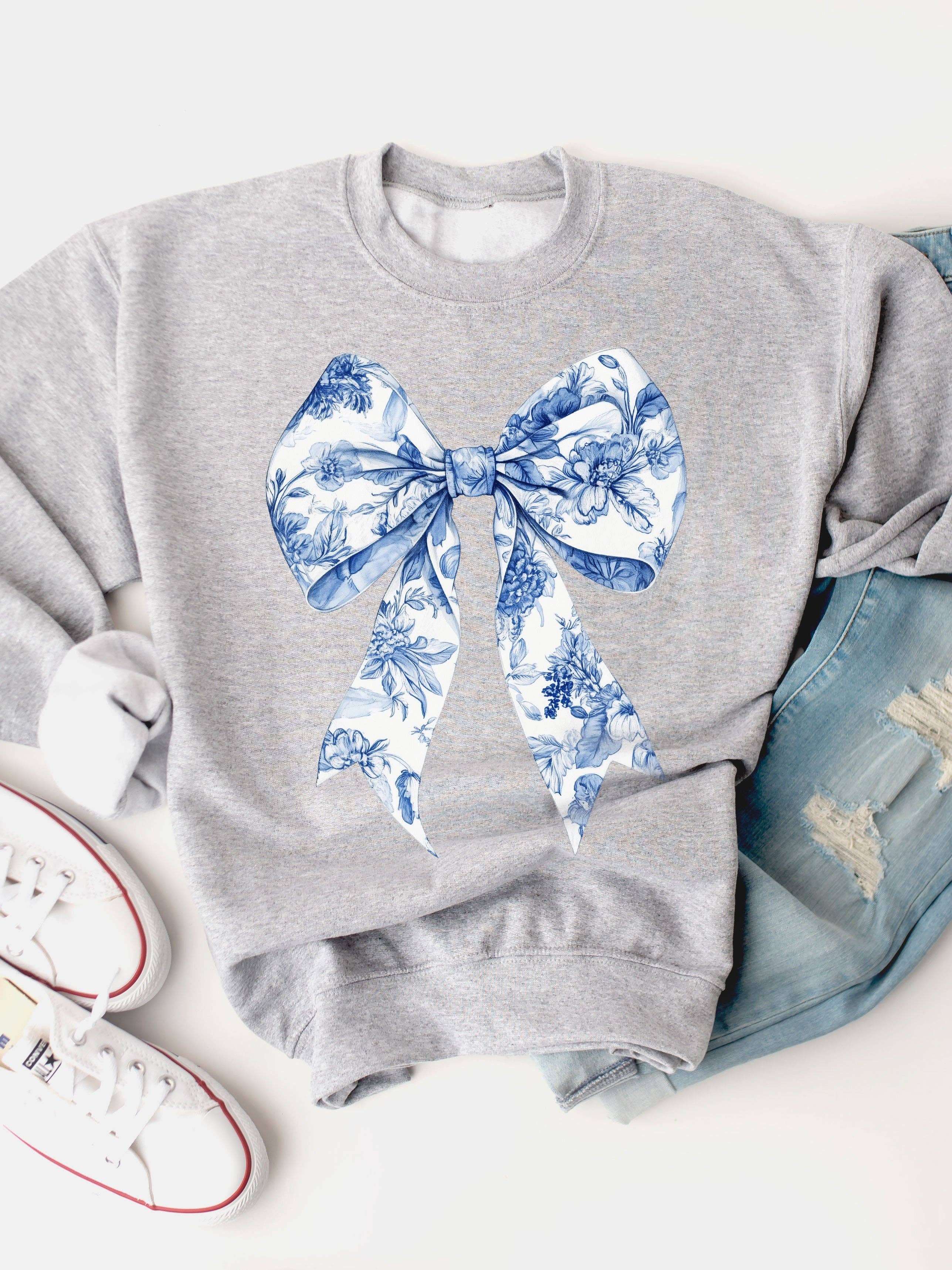 Tickled Teal – wholesale Graphic sweatshirt – Women’s – Blue White Floral Coquette Bow Graphic Sweatshirt3