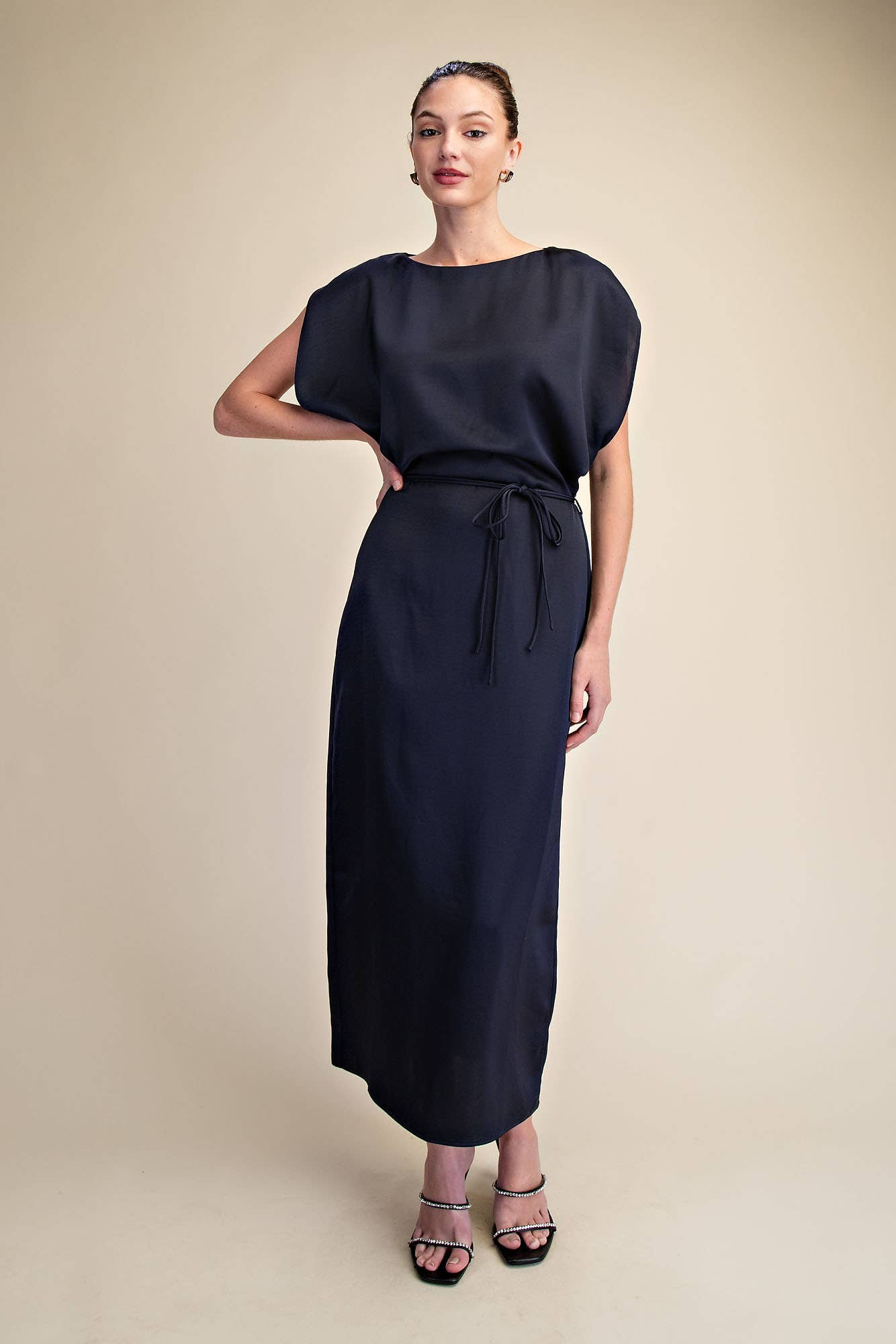 Glam - Wholesale Dress - Women's - Round Neck Waist Tie Back Slit Midi Dress19