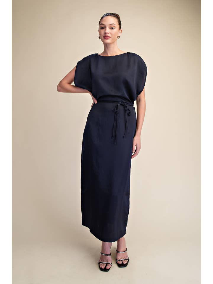 Glam - Wholesale Dress - Women's - Round Neck Waist Tie Back Slit Midi Dress19