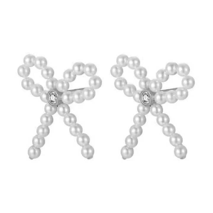 Tiny Pearl CZ Sterling Silver Bow Earrings for wholesale by Creations by Kristel