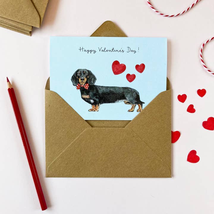 Black/Tan Dachshund Valentine's Day Card for wholesale by Amelia Illustration