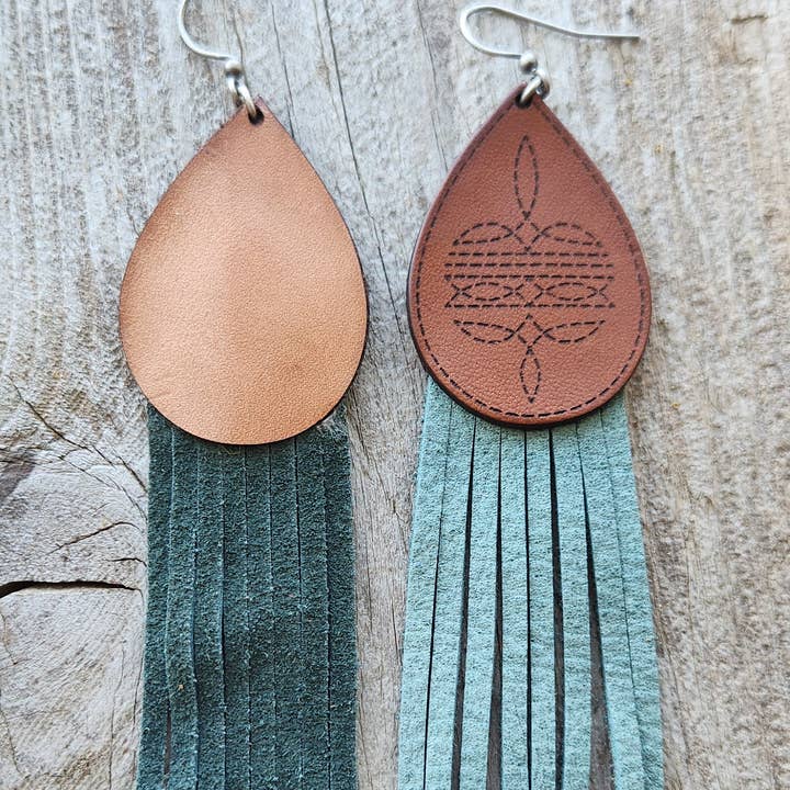 Cocklebur & Co. - Wholesale Dangle Earrings - "Rainy" Handmade Bootstitch Leather and Fringe Earrings6