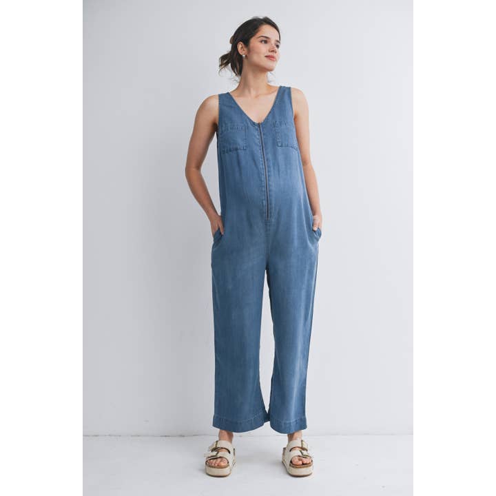 Tuta Premaman in Denim Senza Maniche con Tasche Laterali per la vendita all'ingrosso da parte di Hello Miz
