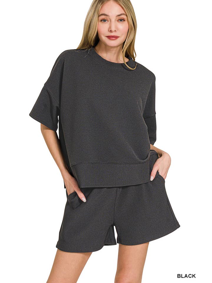 42POPS - Wholesale Lounge Set - Women's - ....SI-27738 Ribbed Round Neck Waist Banded Tee & Shorts 2PC Set