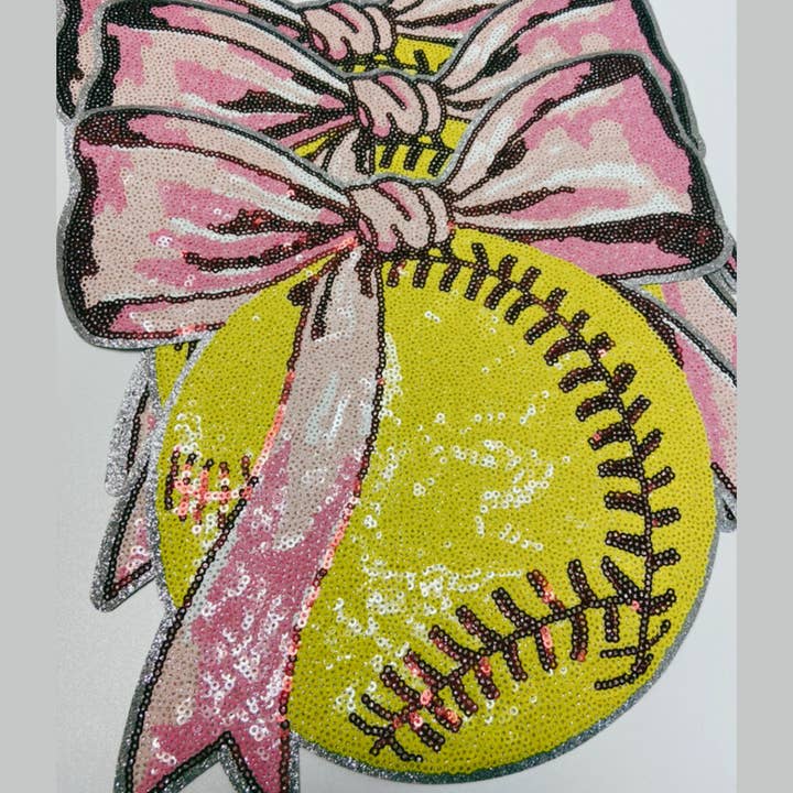 TEELUX - Wholesale Patch - Sequin Softball w Bow - Sequin Patch1
