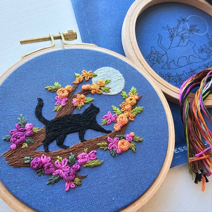 Jessica Long Embroidery - Wholesale Embroidery/Cross Stitch Supplies - Mini Black Cat & Full Moon Embroidery Kit