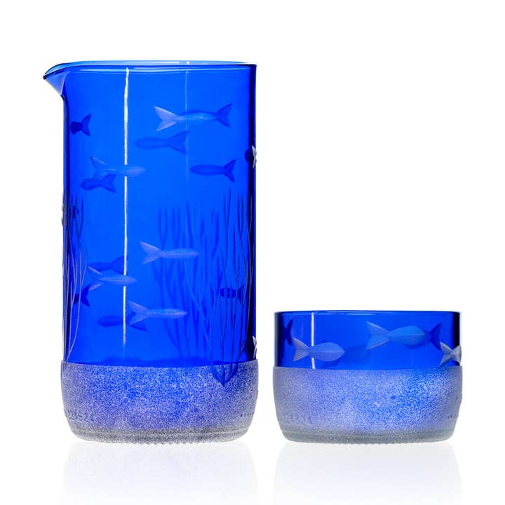 School of Fish Twice Around Blue Pitcher & Mini Sipper for wholesale by Rolf Glass