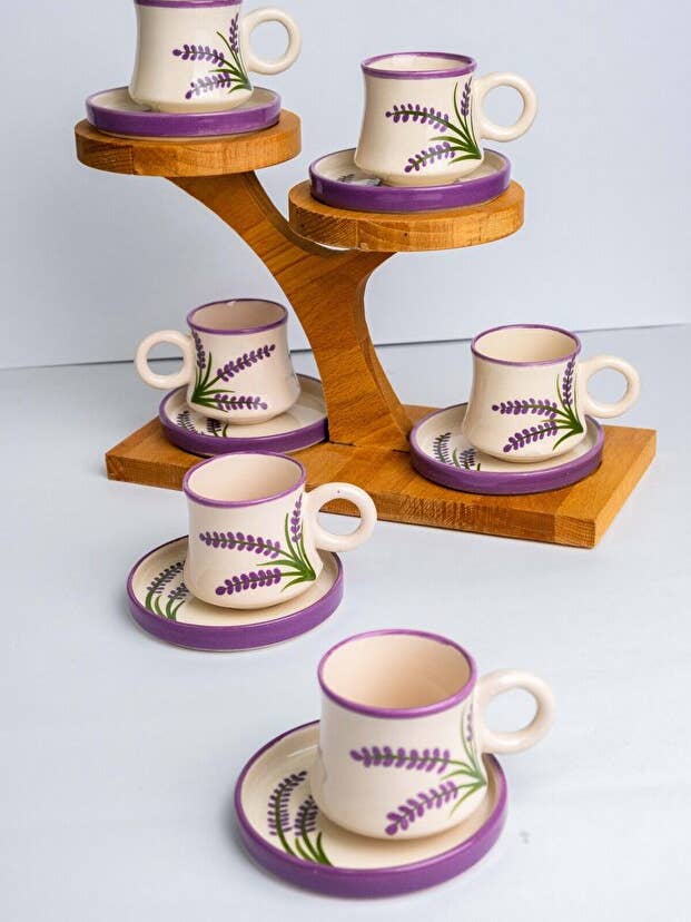 Premium Handmade Artisan Ceramic Turkish Coffee Cup Set, Lavender Design - 6-Piece Set for wholesale by Aladdin
