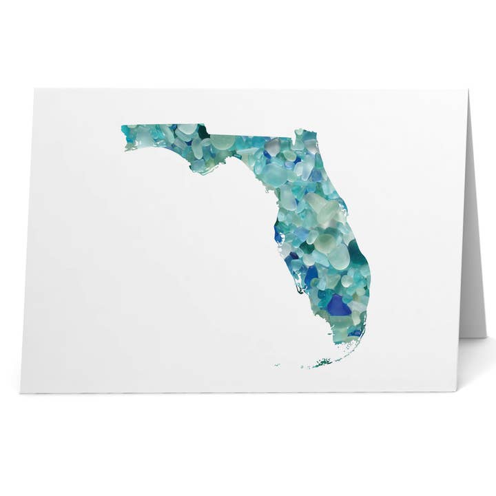 Aqua Sea Glass Florida Map Card for wholesale by Beachcombing / Etched by the Sea