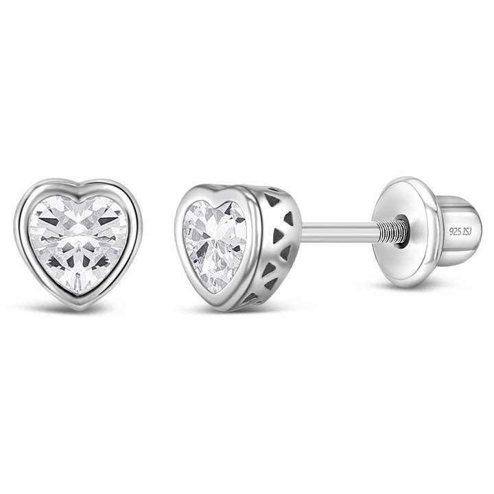In Season Jewelry - Wholesale Earrings - Kids - CZ Birthstone Heart Toddler Kids Earrings - Sterling Silver