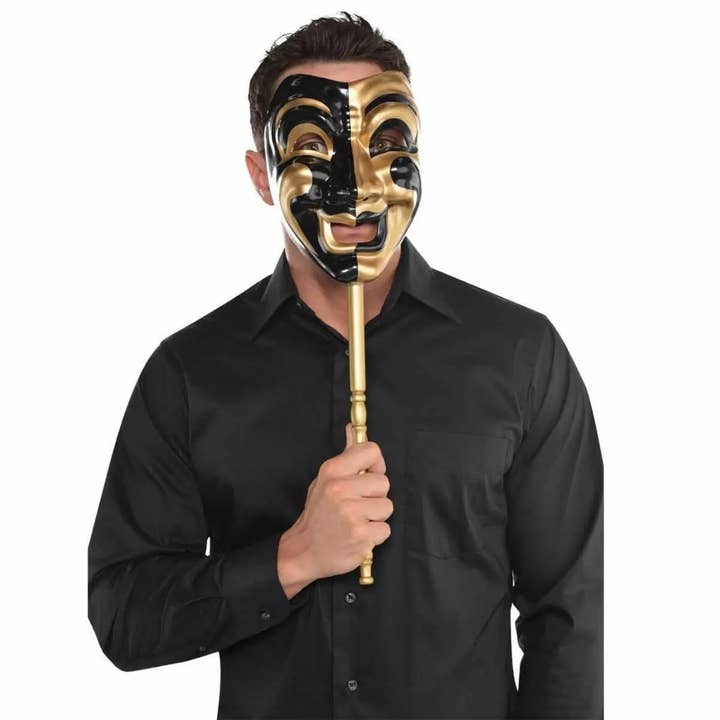 Party Expo, LLC - Wholesale Costume - Unisex - Mens Gold Jester Venetian Stick Masquerader Ball Mask