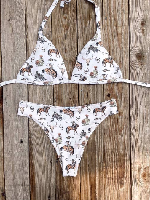 Rosa Clothing - Wholesale Two Piece Swimsuit - Women's - Western Horsehead Cactus Print Cowgirl Bikini Set
