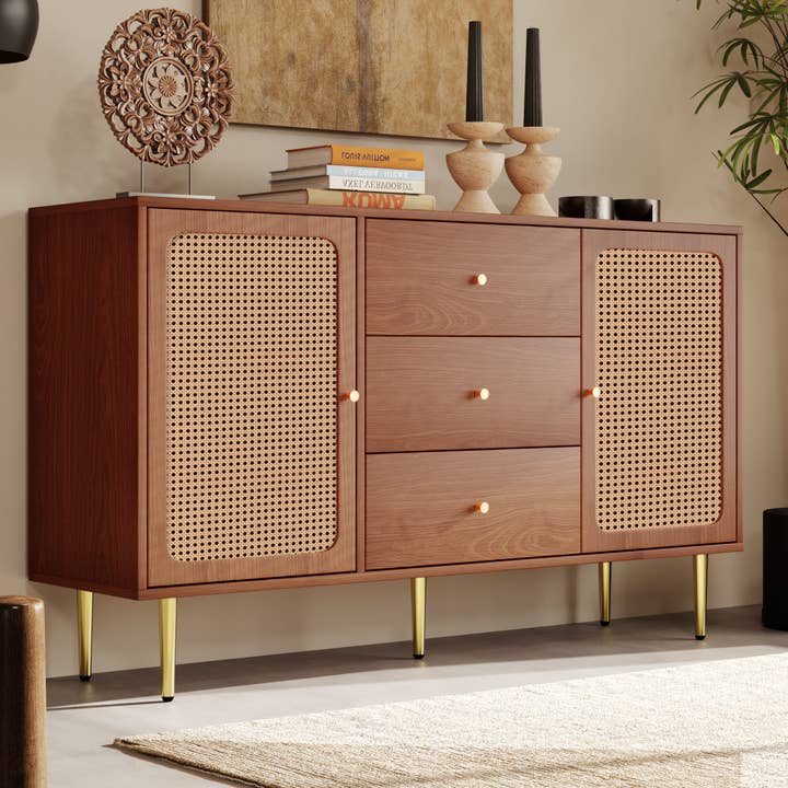 Urban Meuble - Wholesale Cabinet - Walnut wood effect sideboard with 2 doors and 3 rattan drawers, golden legs and handles 150*90*40cm URNO25