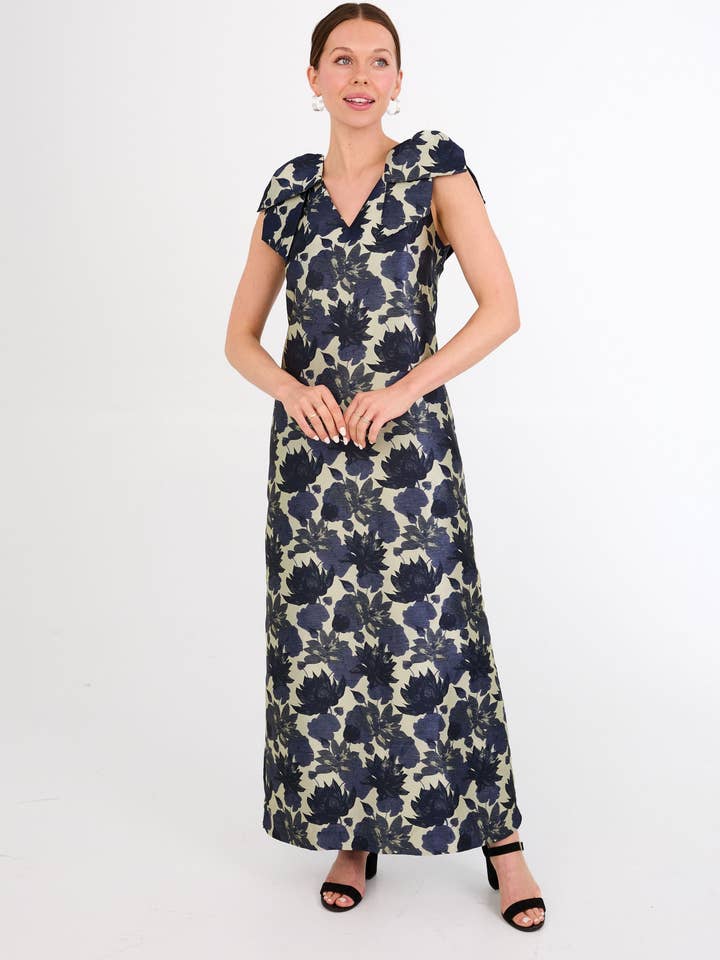 Meredith Gown Ivory and Navy Floral Silhouette Jacquard for wholesale by Abbey Glass