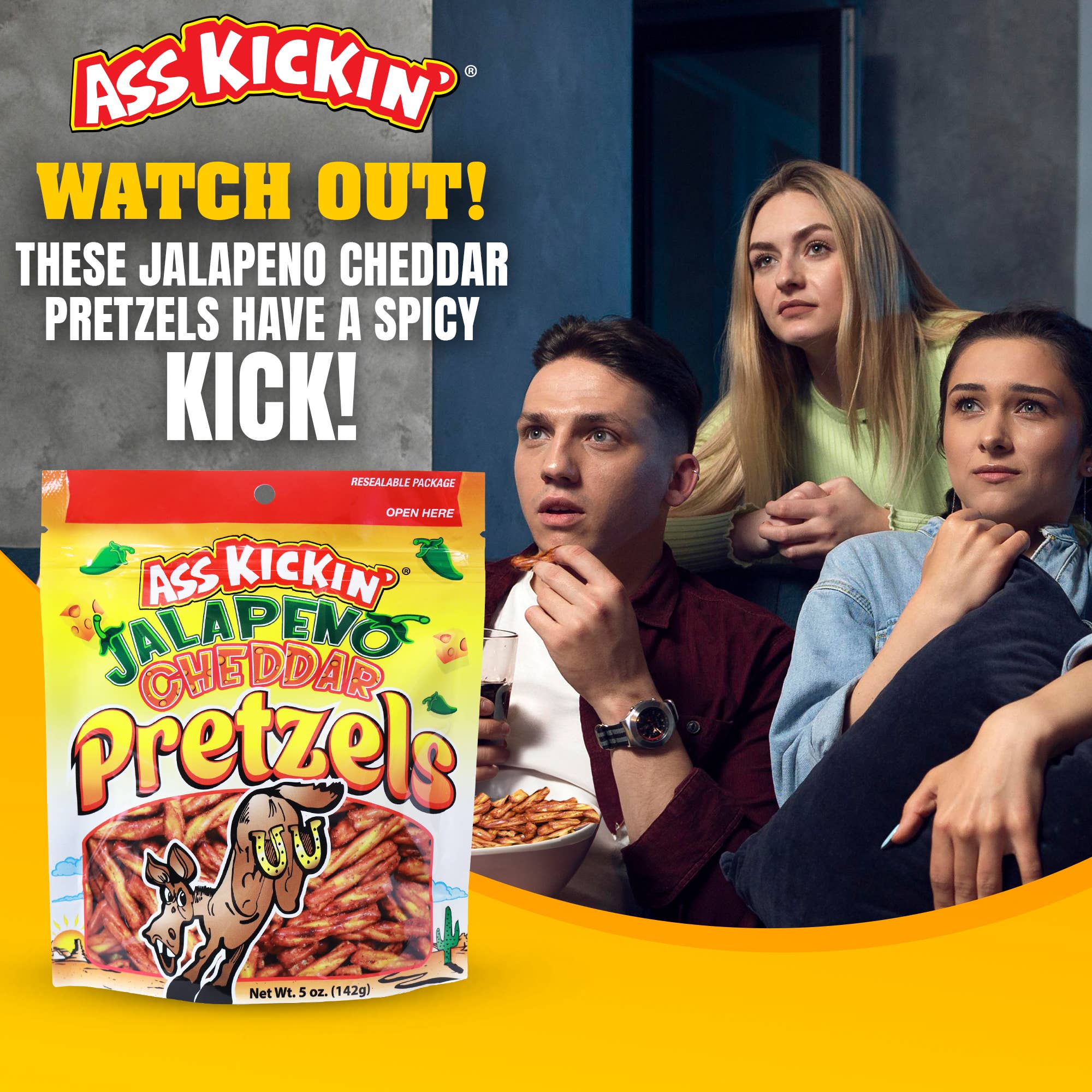 Southwest Specialty Food - Wholesale Pretzels - Ass Kickin' Jalapeno Cheddar Pretzels, 5 oz Resealable Bags5