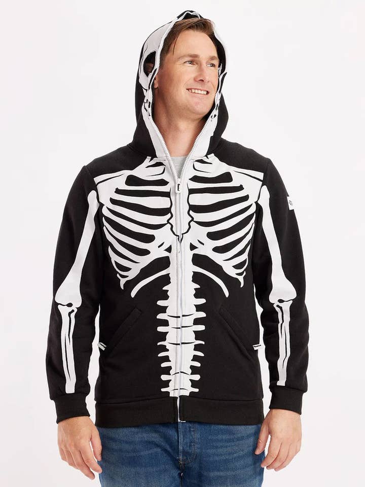 Felpa con cappuccio scheletro - Costume felpa con zip unisex di Halloween per la vendita all'ingrosso da parte di Tipsy Elves