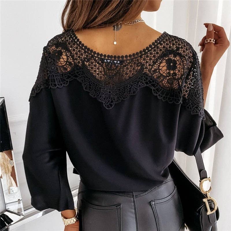 Sheer Trend - Wholesale Blouse - Women's - Round Neck Long Sleeve Lace Trim Shirt6