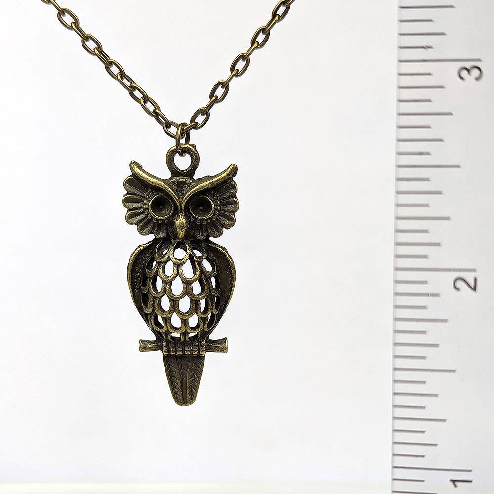 Stylish Jewelry Supply – wholesale Pendant/charm necklace – Large Hollow Owl With Feathers Antique Bronze Necklace1
