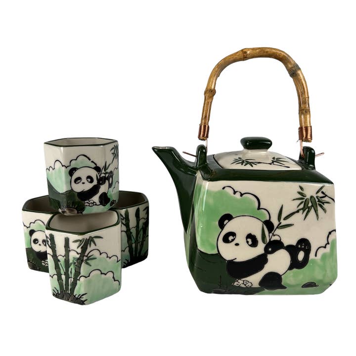 Speelse panda-theeset theepot van 20 oz met 4 zeshoekige kopjes (4/8) voor wholesale door Urban Tokyo